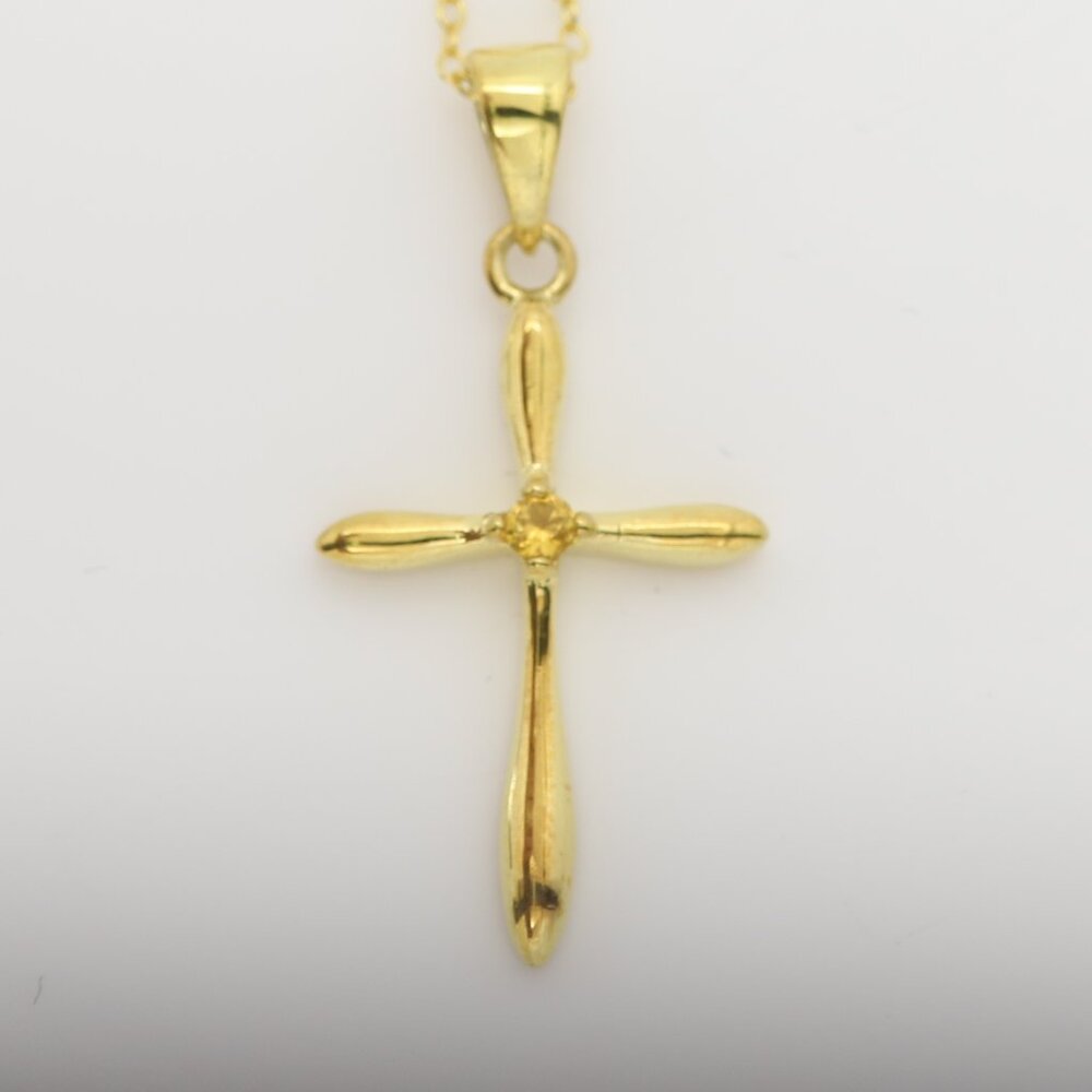 Silver Cross Natural Yellow Sapphire Cross Pendant plated with 14k gold